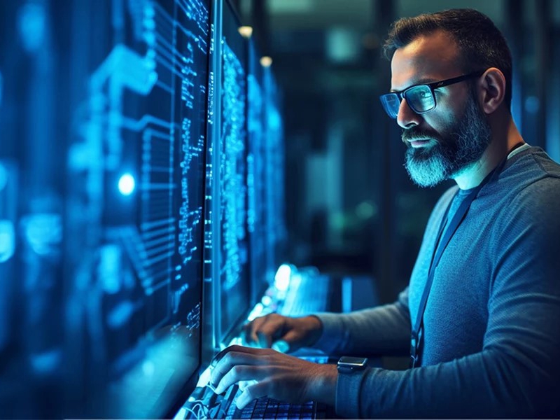 a person in glasses looking at a computer screen