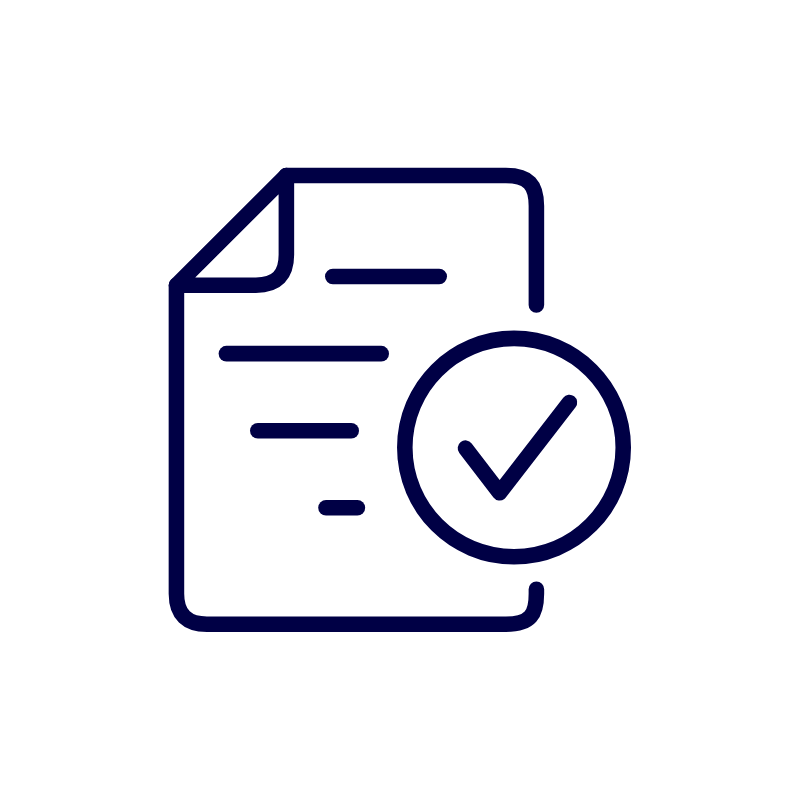 a blue line drawing of a paper with a check mark