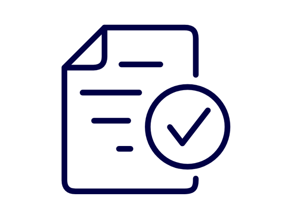 a blue line drawing of a paper with a check mark