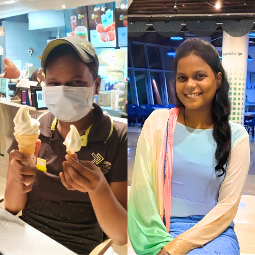a collage of a person and a person holding ice cream cones