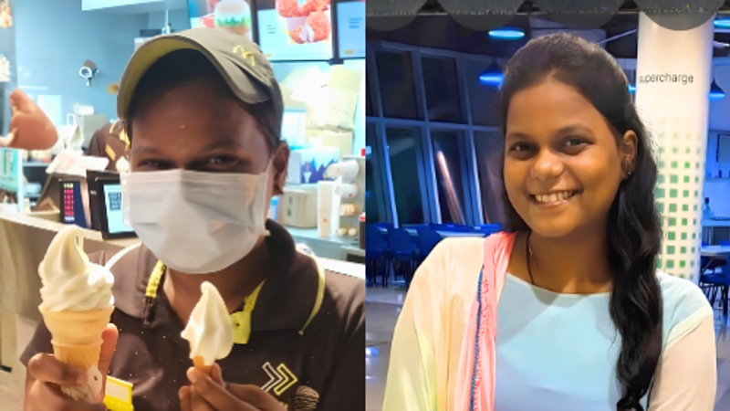 a collage of a person and a person holding ice cream cones