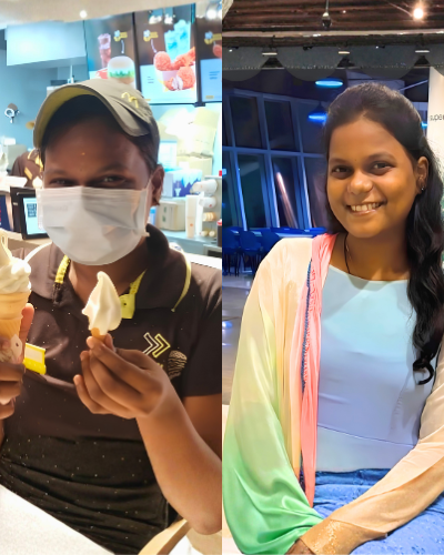 a collage of a person and a person holding ice cream cones