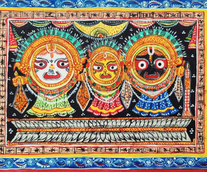 A pattachitra painting of Lord Jagannath, Balabhadra and Subhadra