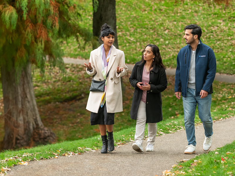 a group of people walking on a path