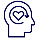 un dessin au trait bleu d’une tête avec un cœur et une flèche