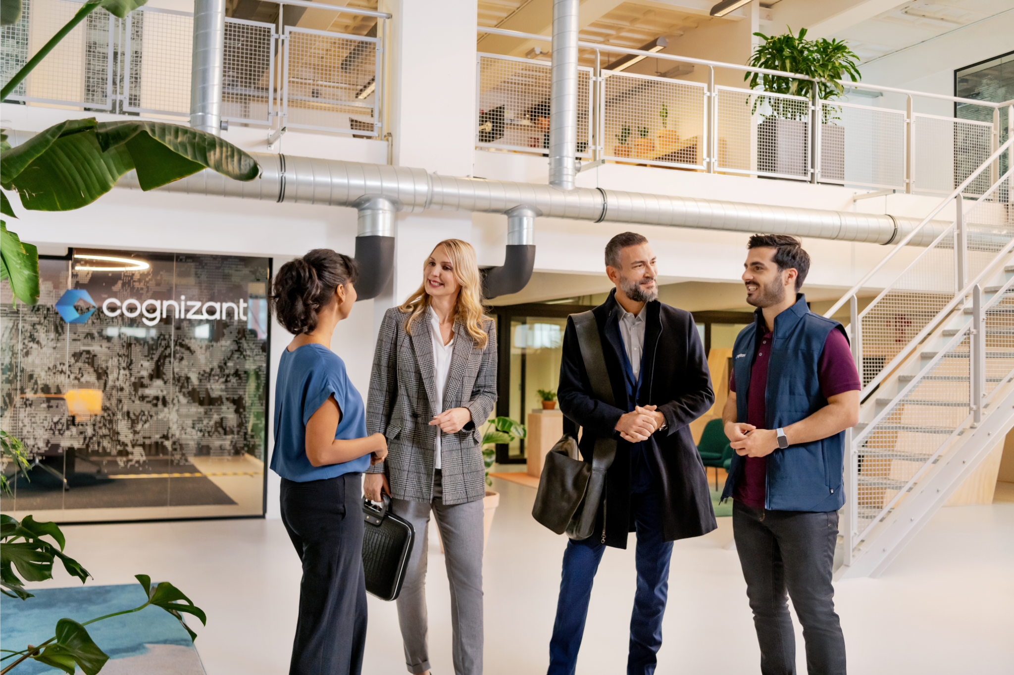 a group of people standing in a room