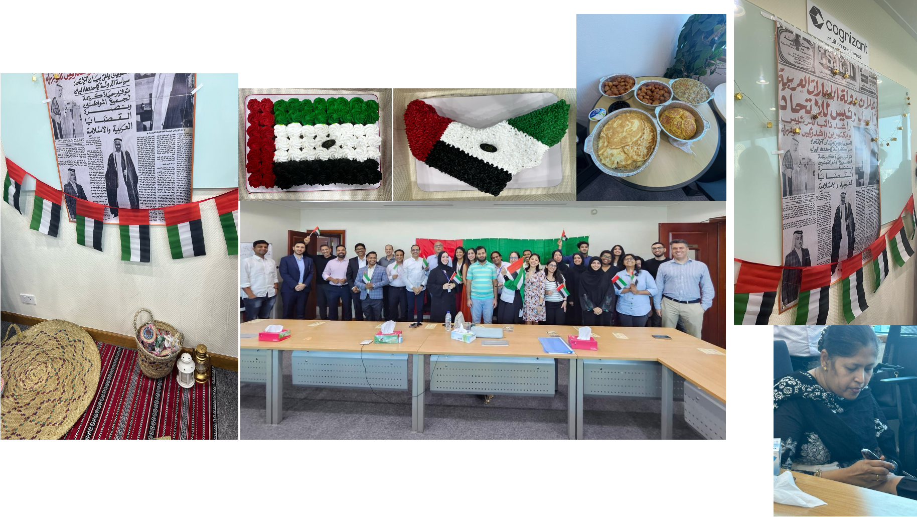 a group of people standing in front of a table with food