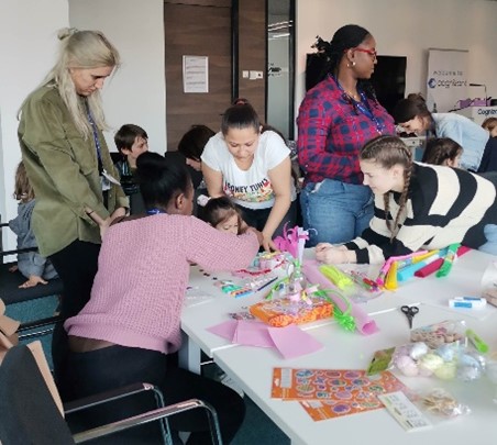 a group of people around a table