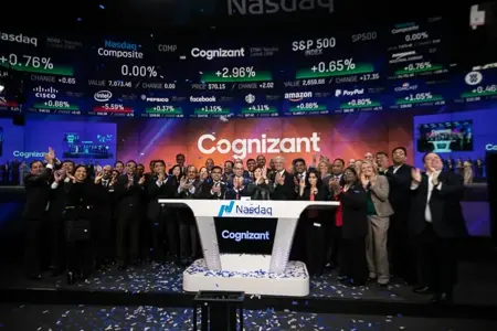 Joyce at Cognizant's 25th anniversary at Nasdaq (she's to the right of the podium)