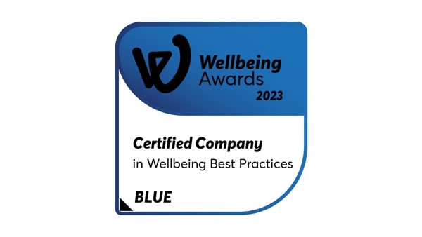 a blue and white label with black text